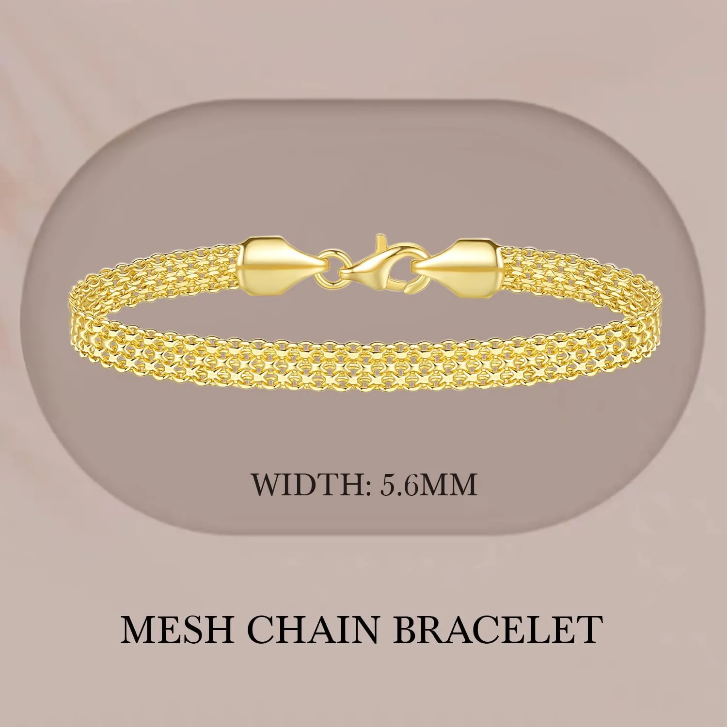 14K Gold Bracelets for Women Non Tarnish Mesh Link Chain for Womens 5.6mm Width Charm Bracelet for Men Jewelry Diamond Cut 5 Sizes (6.5" 7" 7.5" 8" 9")
