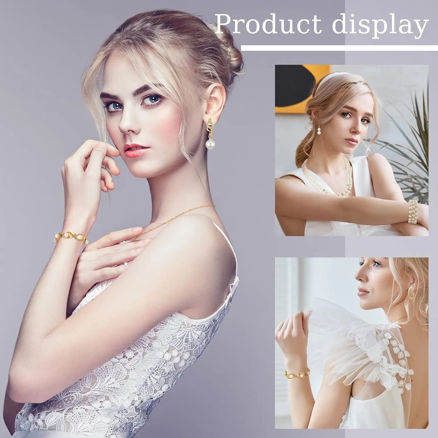 Bonuci 8 Pcs Pearl Rhinestone Jewelry Set for Women Pearl Necklace Earrings Bracelet Set 1920s Jewelry Accessories for Valentines Wedding Tea Party
