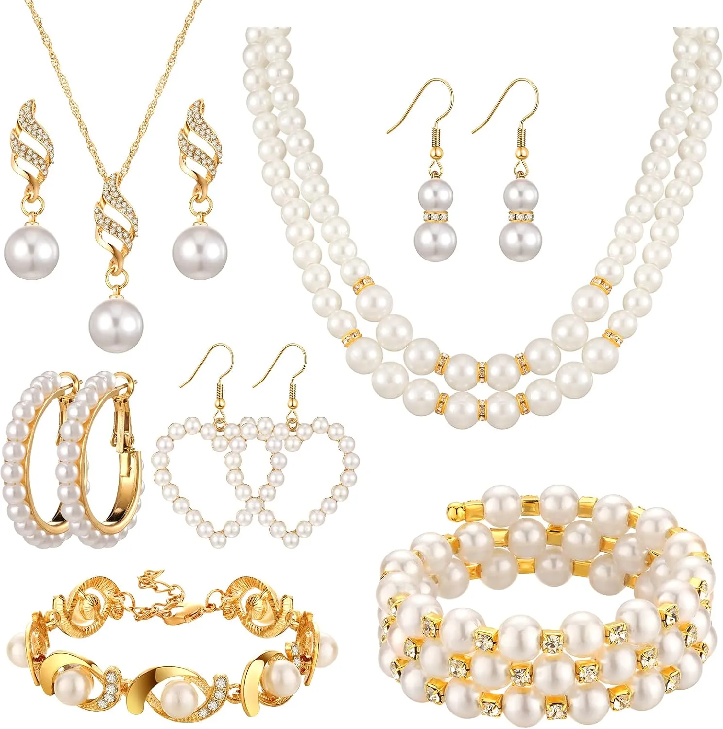 Bonuci 8 Pcs Pearl Rhinestone Jewelry Set for Women Pearl Necklace Earrings Bracelet Set 1920s Jewelry Accessories for Valentines Wedding Tea Party