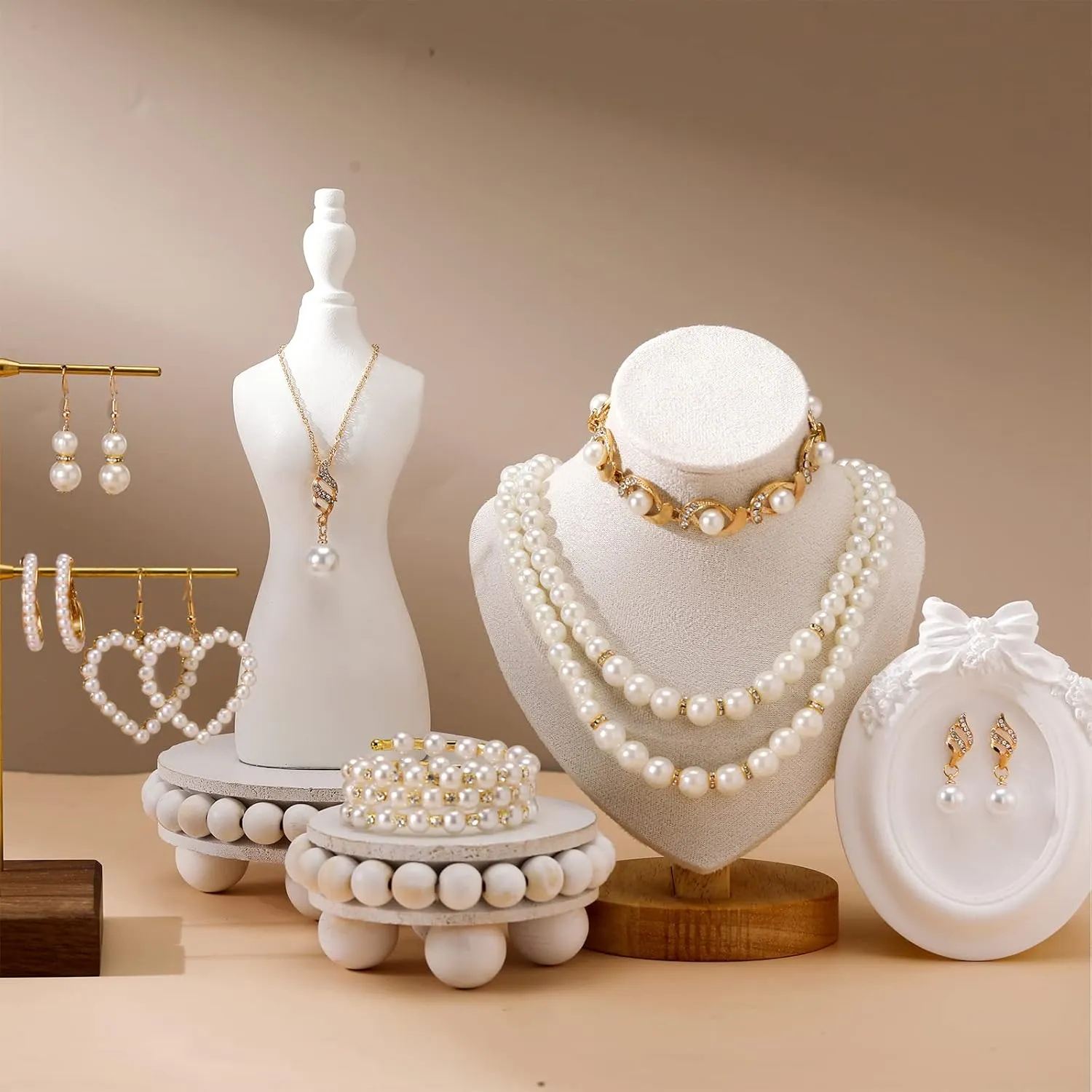 Bonuci 8 Pcs Pearl Rhinestone Jewelry Set for Women Pearl Necklace Earrings Bracelet Set 1920s Jewelry Accessories for Valentines Wedding Tea Party