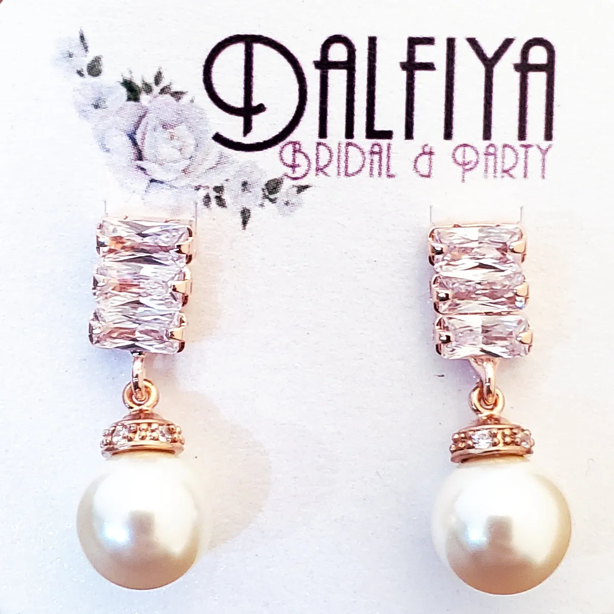 CZ Baguette Rose Gold Pearl Drop Wedding Earrings
