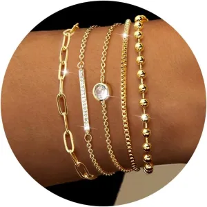 Dochais Gold Bracelets for Women Trendy 14k Gold-Plated Stackable Dainty Bracelet Adjustable Charm Paperclip Cuban Link Chain Tarnish Free Gold Jewelry Sets Fashion Accessories Gifts