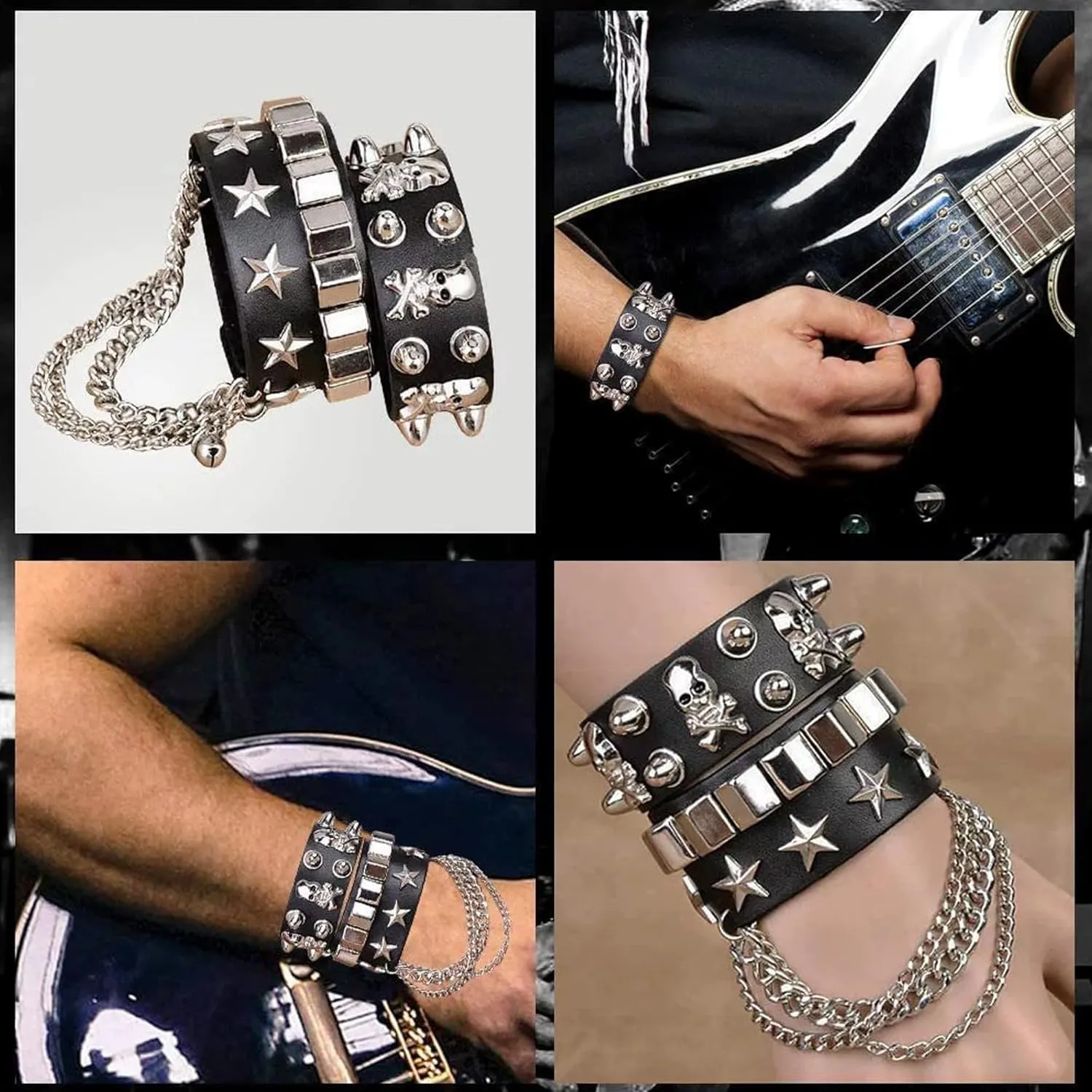 Leather Bracelet Combo Metal Star & Spike Inlay Grunge & Punk Adjustable Wristband with Skull and Chains Decor Alt fashion Emo Style Accessories 8.66in/21cm