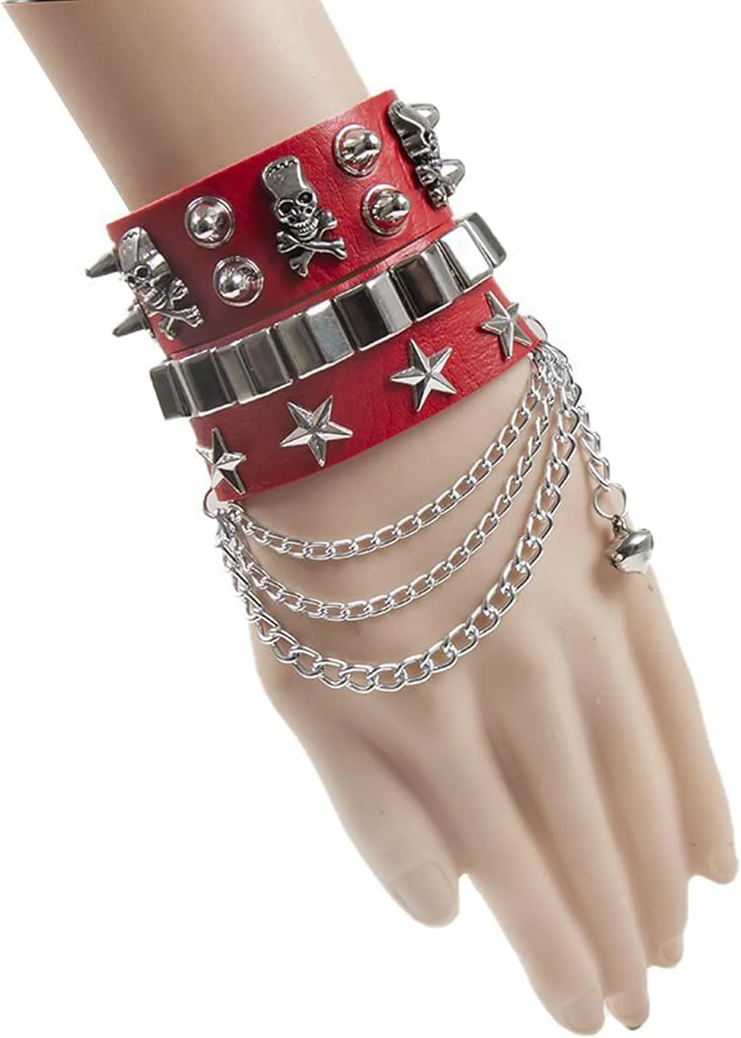 Leather Bracelet Combo Metal Star & Spike Inlay Grunge & Punk Adjustable Wristband with Skull and Chains Decor Alt fashion Emo Style Accessories 8.66in/21cm