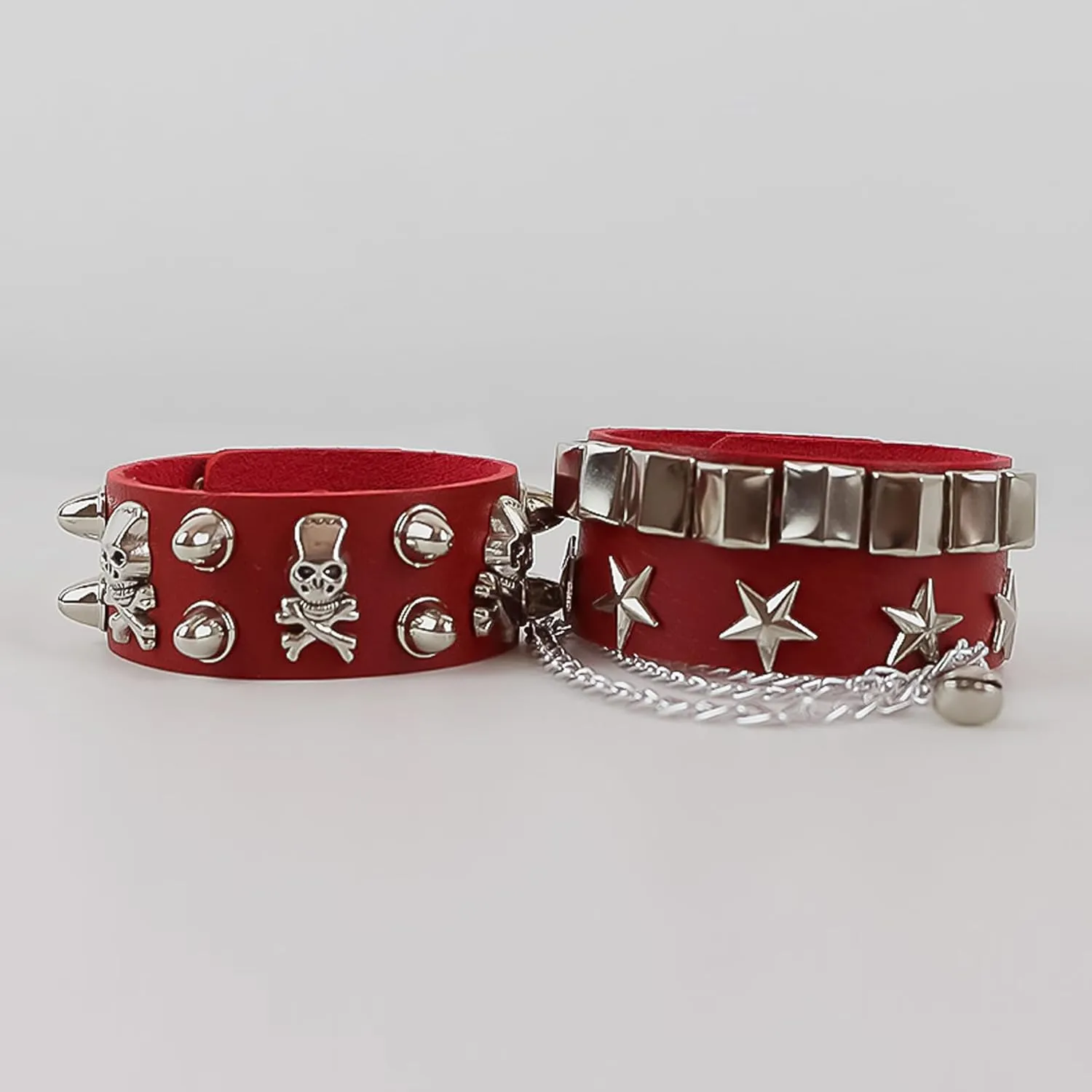 Leather Bracelet Combo Metal Star & Spike Inlay Grunge & Punk Adjustable Wristband with Skull and Chains Decor Alt fashion Emo Style Accessories 8.66in/21cm
