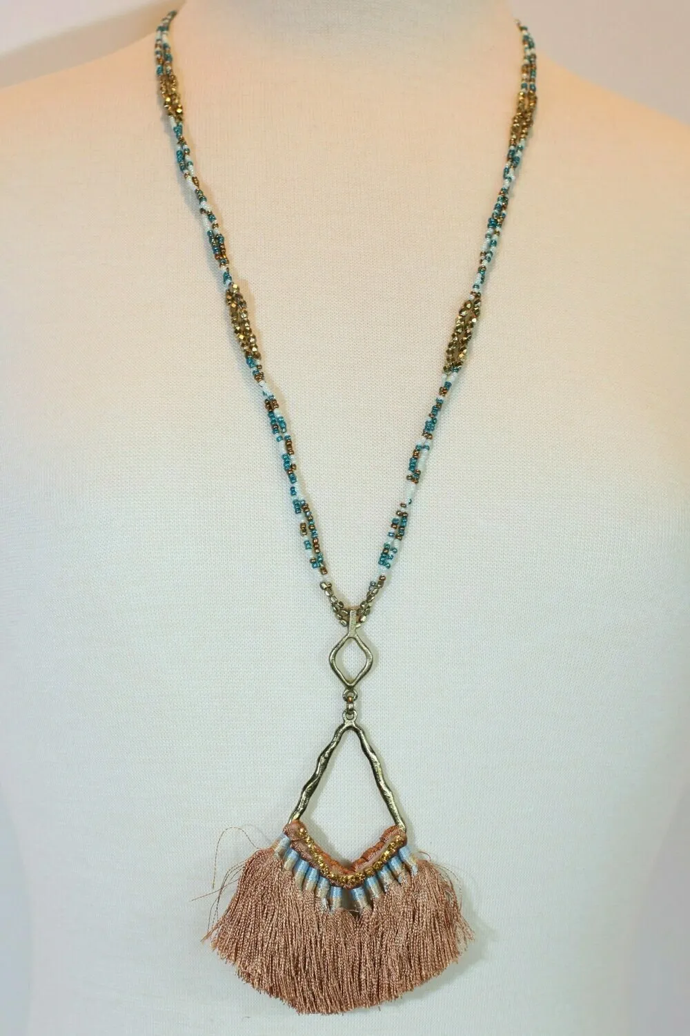 Long Seed Bead Tassel Necklace In Olive Or Brown