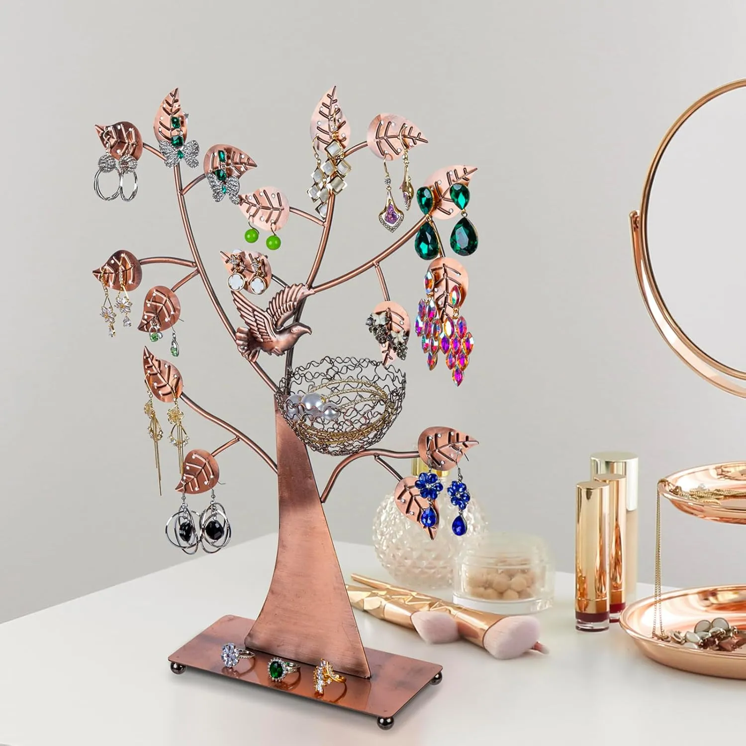 MyGift 14-Inch Modern Bronze Jewelry Organizer Tree with Bird Nest  Holds 48 Earrings, Necklace & Bracelet Stand, Metal Tabletop Display for Rings, Trinkets  Decorative Storage for Home Dcor