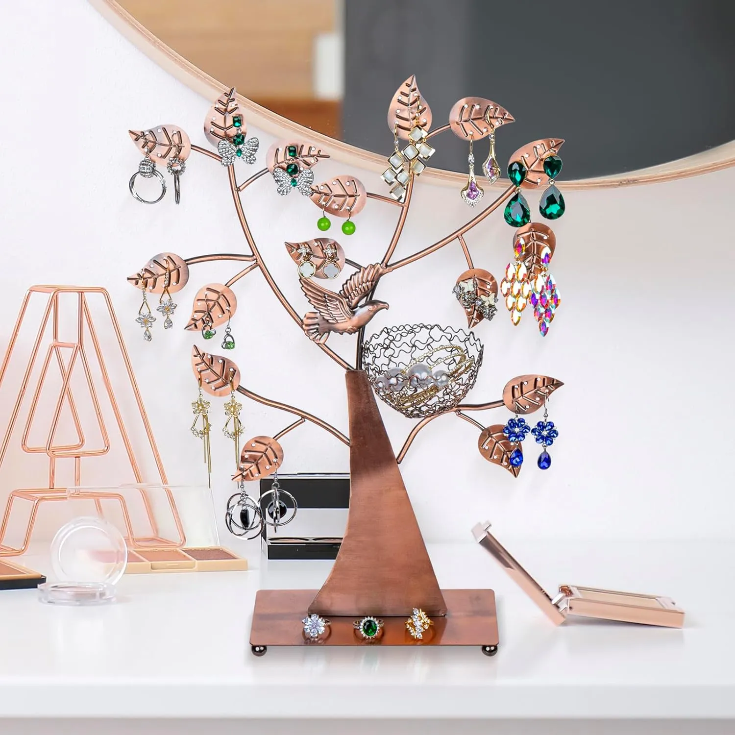 MyGift 14-Inch Modern Bronze Jewelry Organizer Tree with Bird Nest  Holds 48 Earrings, Necklace & Bracelet Stand, Metal Tabletop Display for Rings, Trinkets  Decorative Storage for Home Dcor