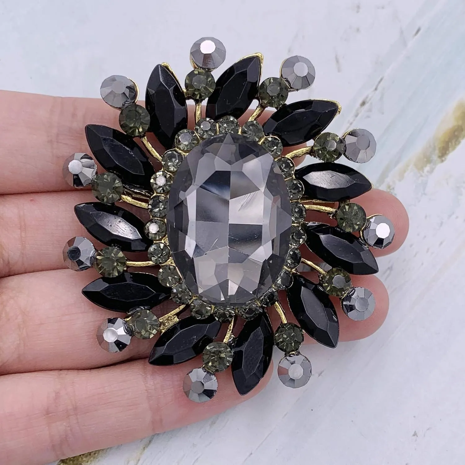 SELOVO Flower Rhinestone Statement Brooch Pin Broach Antique Gold Tone