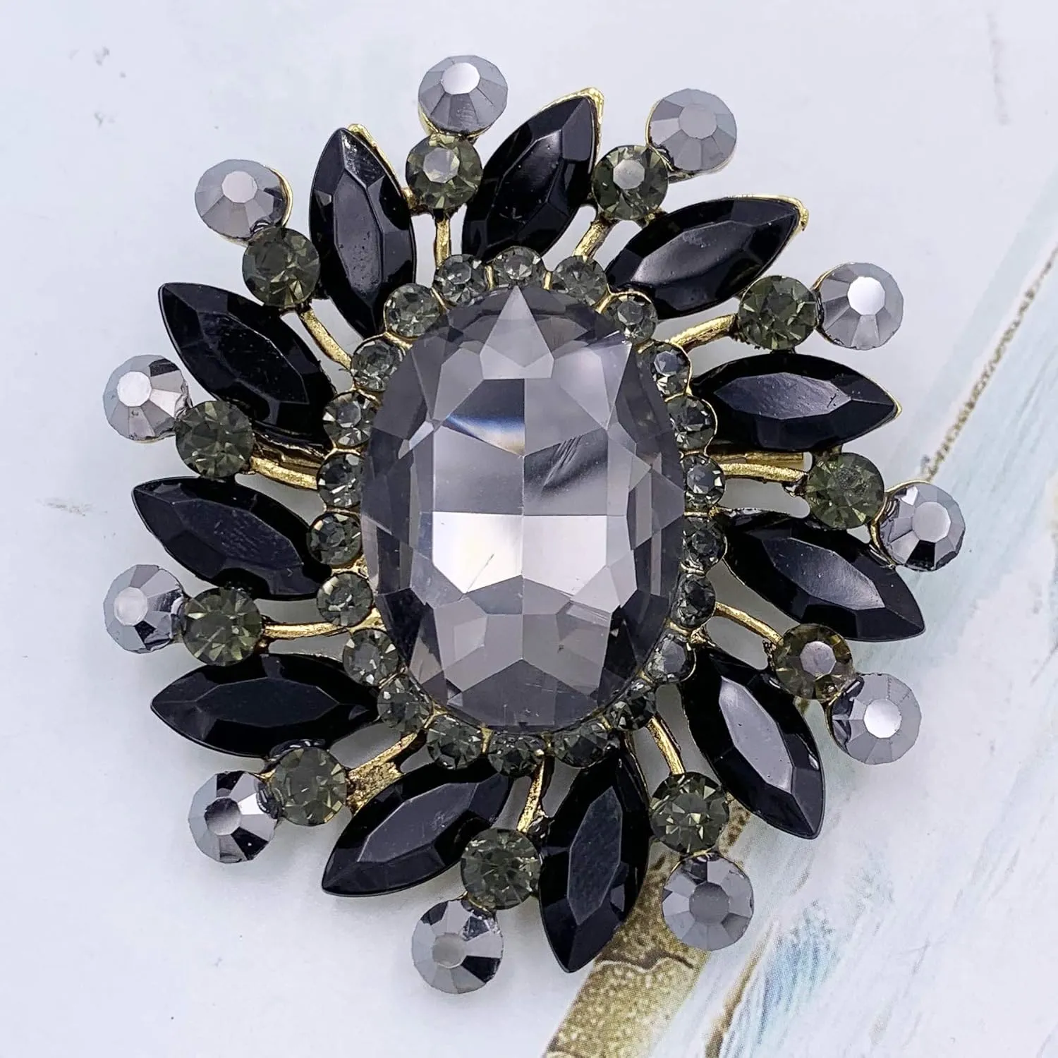 SELOVO Flower Rhinestone Statement Brooch Pin Broach Antique Gold Tone