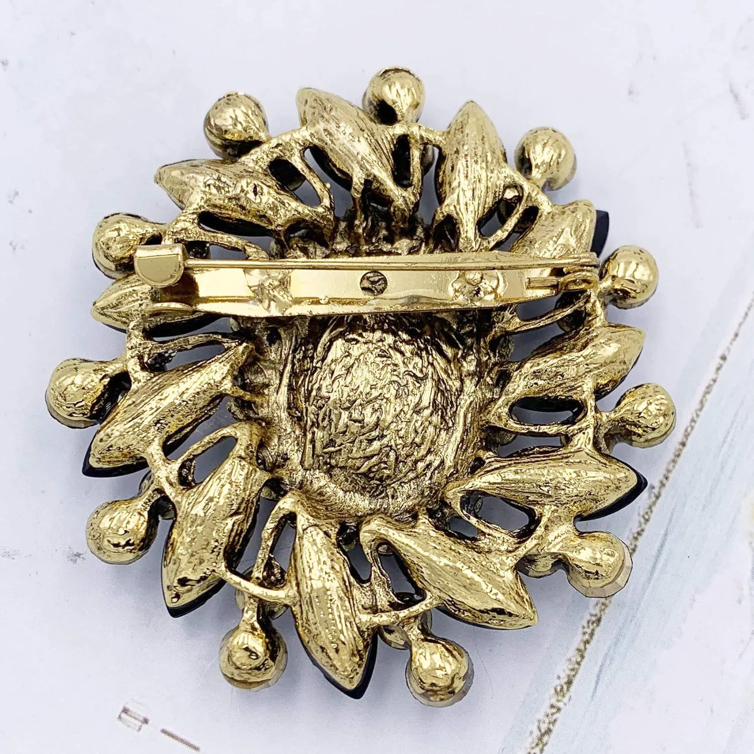 SELOVO Flower Rhinestone Statement Brooch Pin Broach Antique Gold Tone