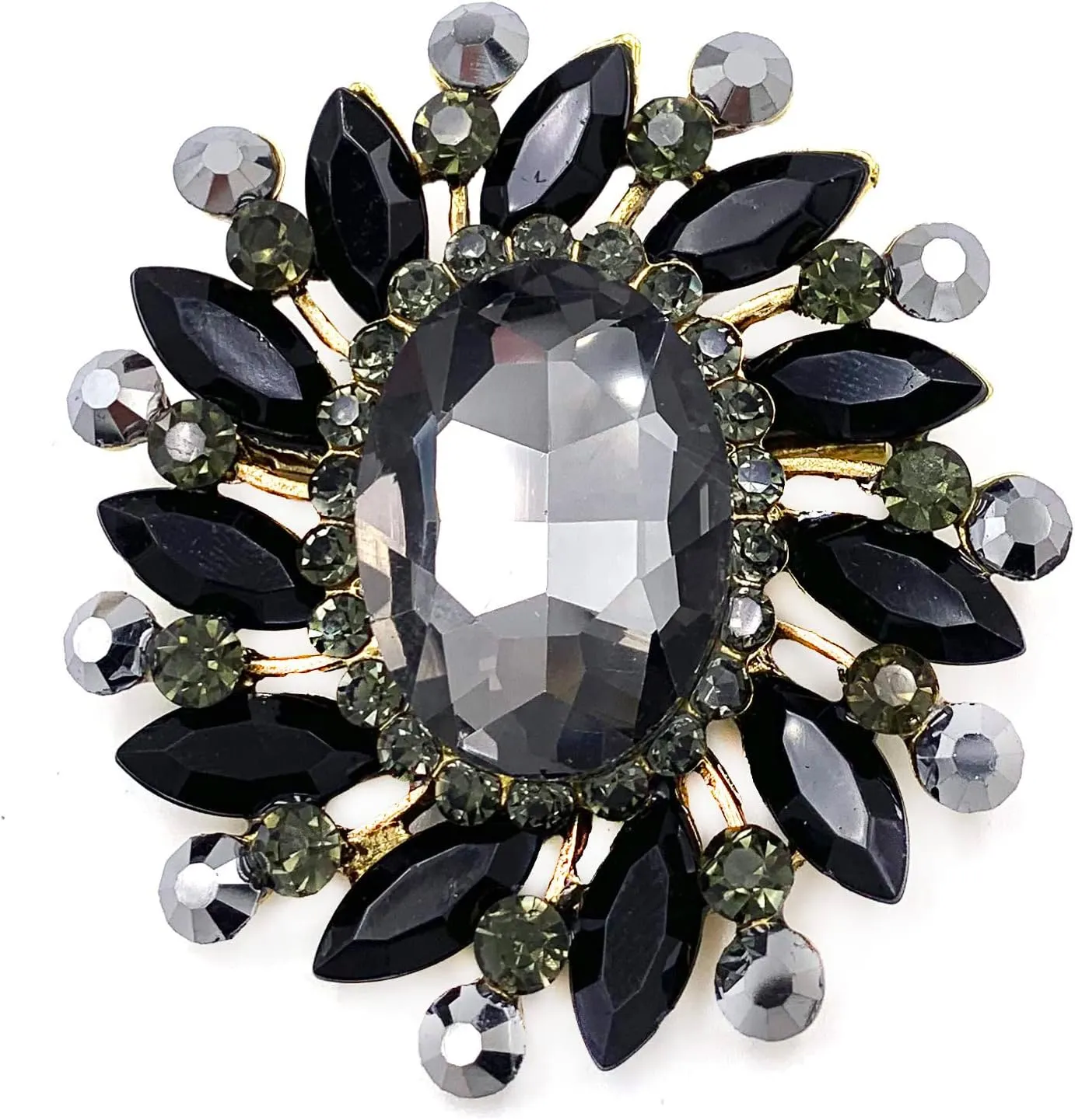 SELOVO Flower Rhinestone Statement Brooch Pin Broach Antique Gold Tone