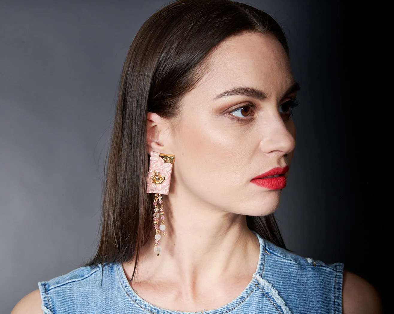 Special Effects, Ceramic, Sculptured Chandelier Earring in Pink