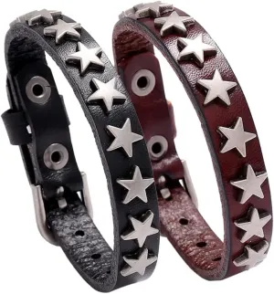 YWMAN 2 PCS Gothic Pentagram Studded Bracelet - Vintage Leather Star Wristband Cuff - Rock Wrist Strap Buckle Jewelry for Men